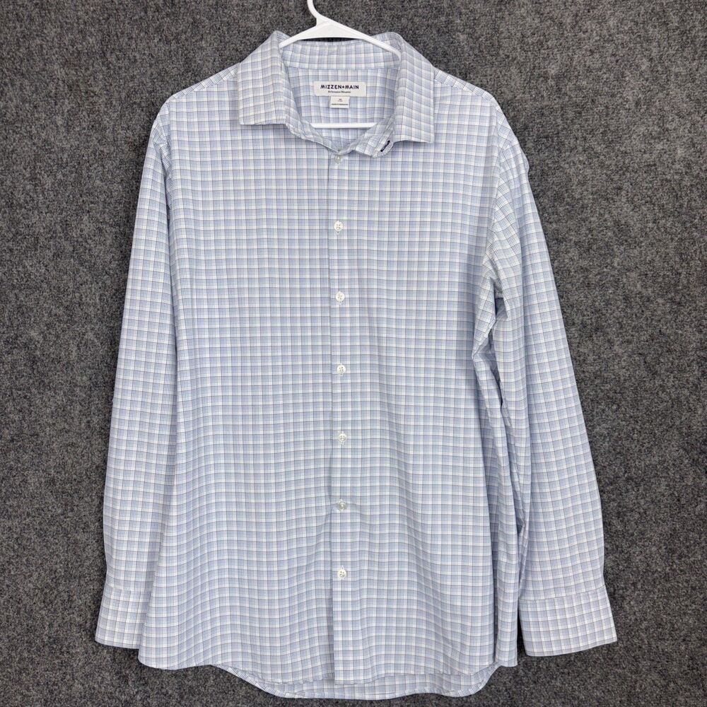 Mizzen Main Performance Shirt Mens Sz XL Blue Check Long Sleeve Casual Business